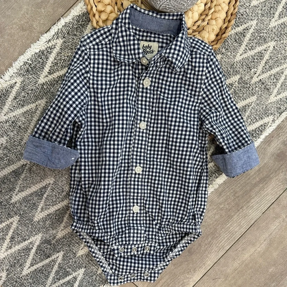 Oshkosh B’Gosh Baby Boy Navy White Gingham Checkered Button-Front Bodysuit